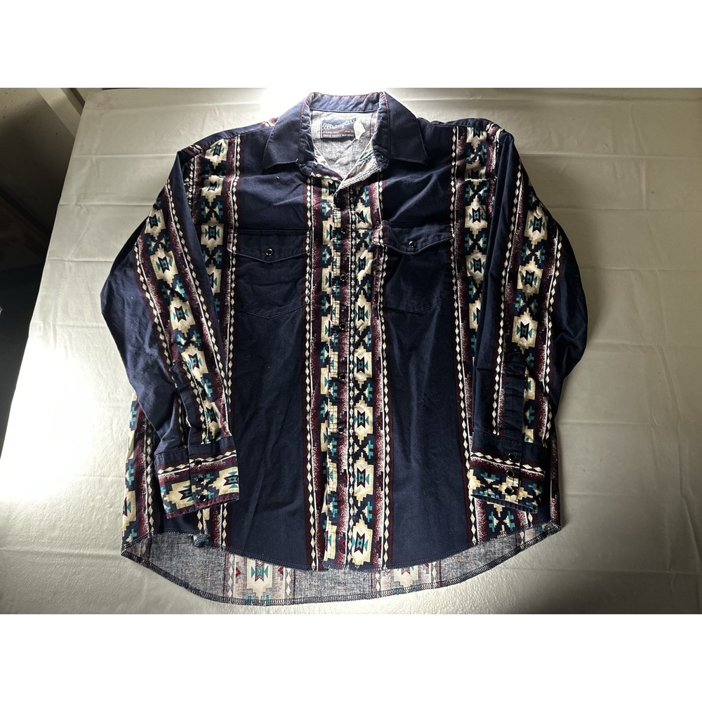 Vintage 1990s Wrangler Western Shirt men's XL Red Aztec Navajo Pearl Snap Cowboy